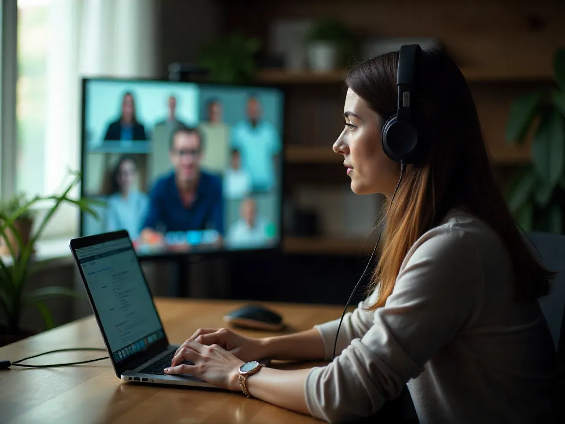 Person participating in online communication class through video conference